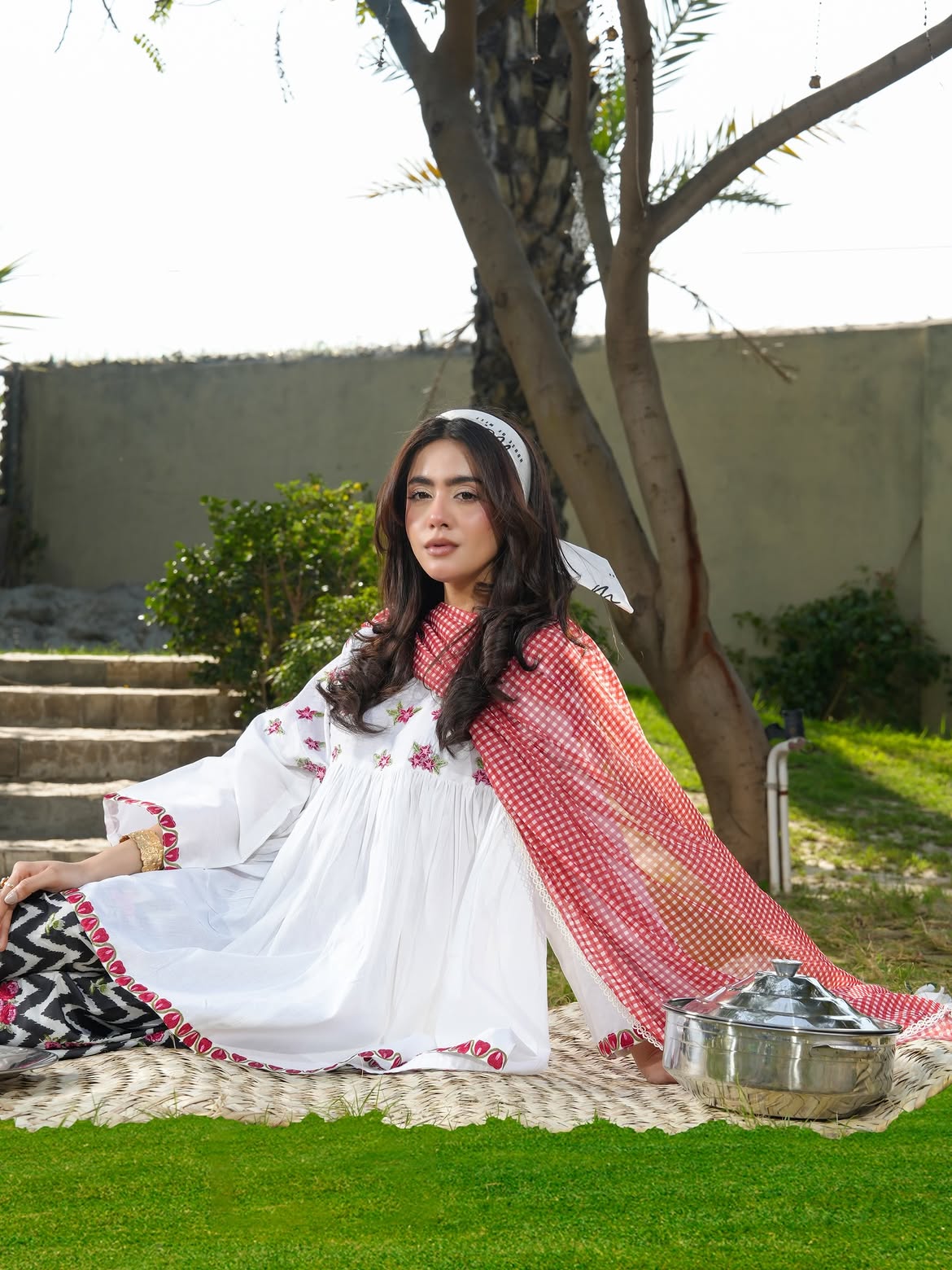 Ghazal White Floral 3-Piece Lawn Suit with Chevron Printed Trouser & Red Dupatta