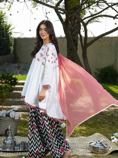 Ghazal White Floral 3-Piece Lawn Suit with Chevron Printed Trouser & Red Dupatta