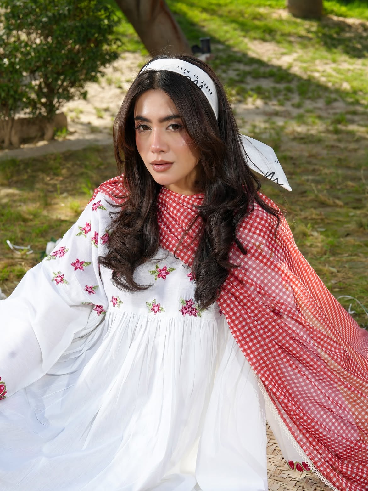 Ghazal White Floral 3-Piece Lawn Suit with Chevron Printed Trouser & Red Dupatta
