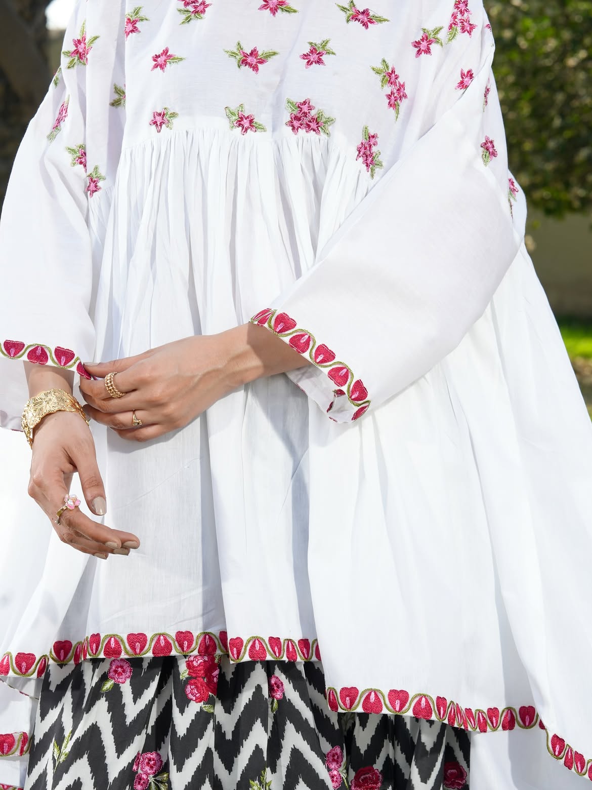 Ghazal White Floral 3-Piece Lawn Suit with Chevron Printed Trouser & Red Dupatta