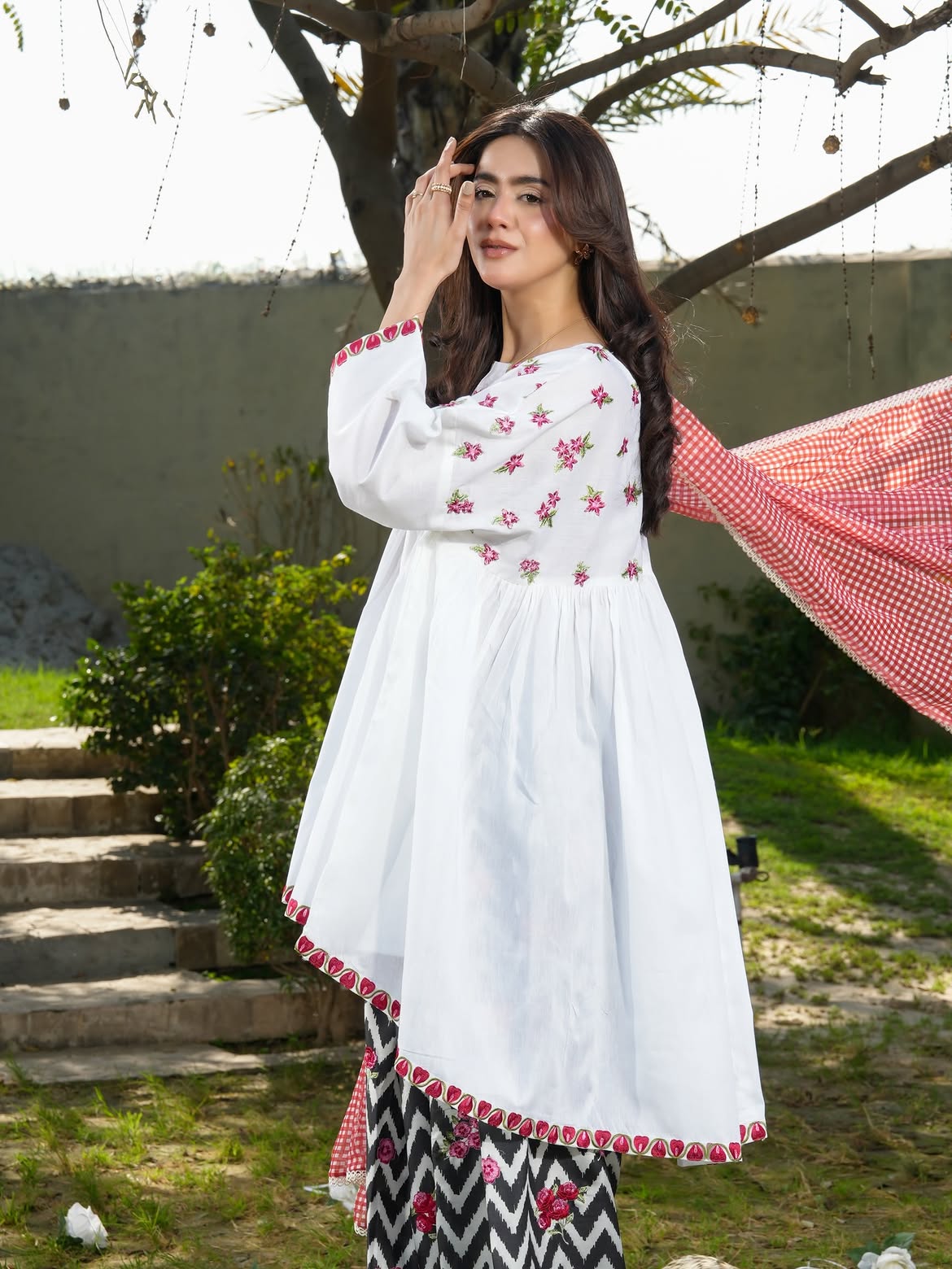 Ghazal White Floral 3-Piece Lawn Suit with Chevron Printed Trouser & Red Dupatta