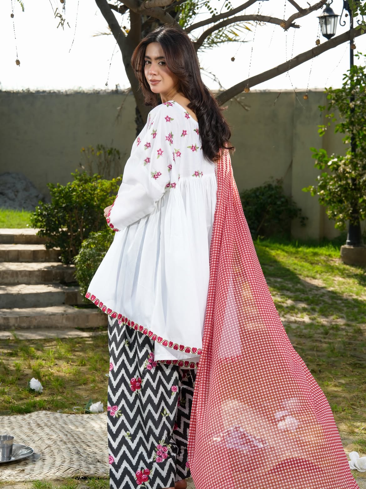 Ghazal White Floral 3-Piece Lawn Suit with Chevron Printed Trouser & Red Dupatta