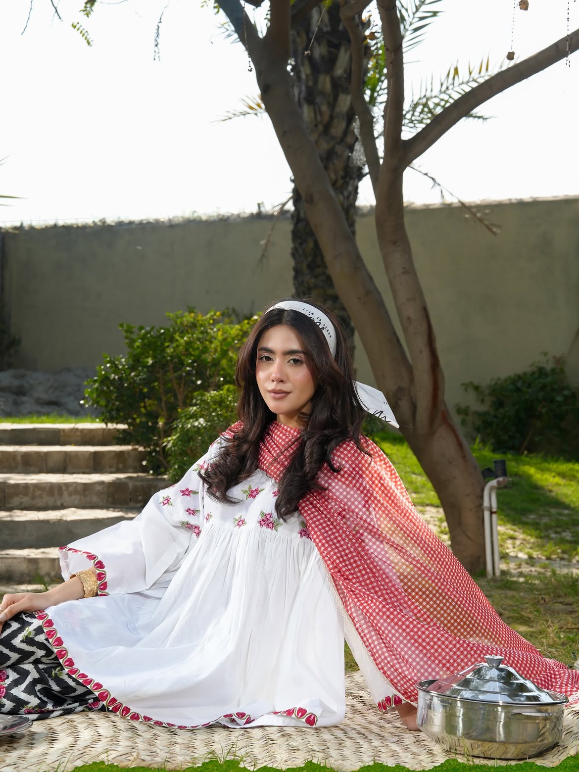 Ghazal White Floral 3-Piece Lawn Suit with Chevron Printed Trouser & Red Dupatta