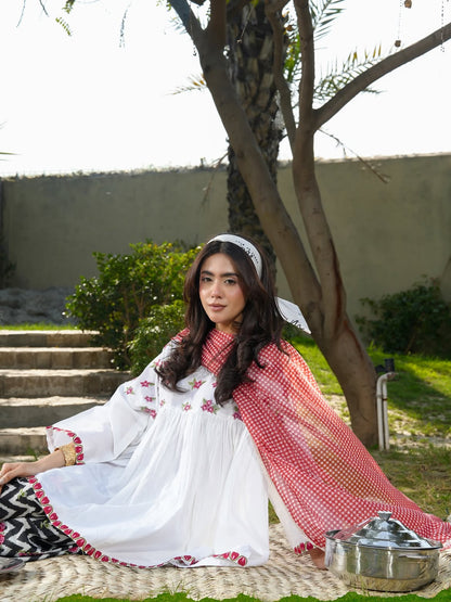 Ghazal White Floral 3-Piece Lawn Suit with Chevron Printed Trouser & Red Dupatta