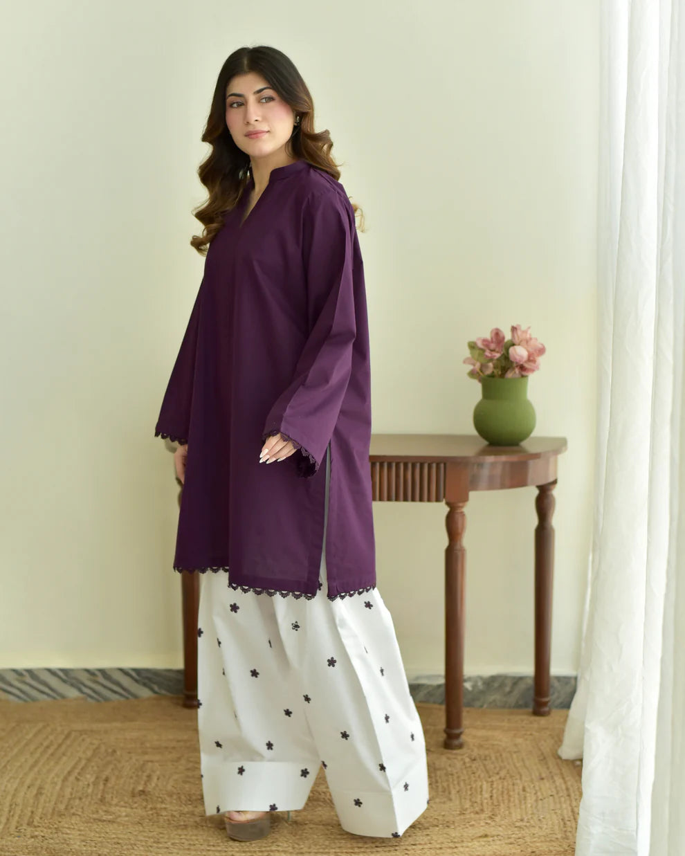 Valtee – Deep Plum Tunic with Embroidered Wide-Leg Shalwar