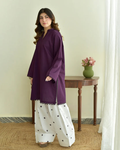 Valtee – Deep Plum Tunic with Embroidered Wide-Leg Shalwar
