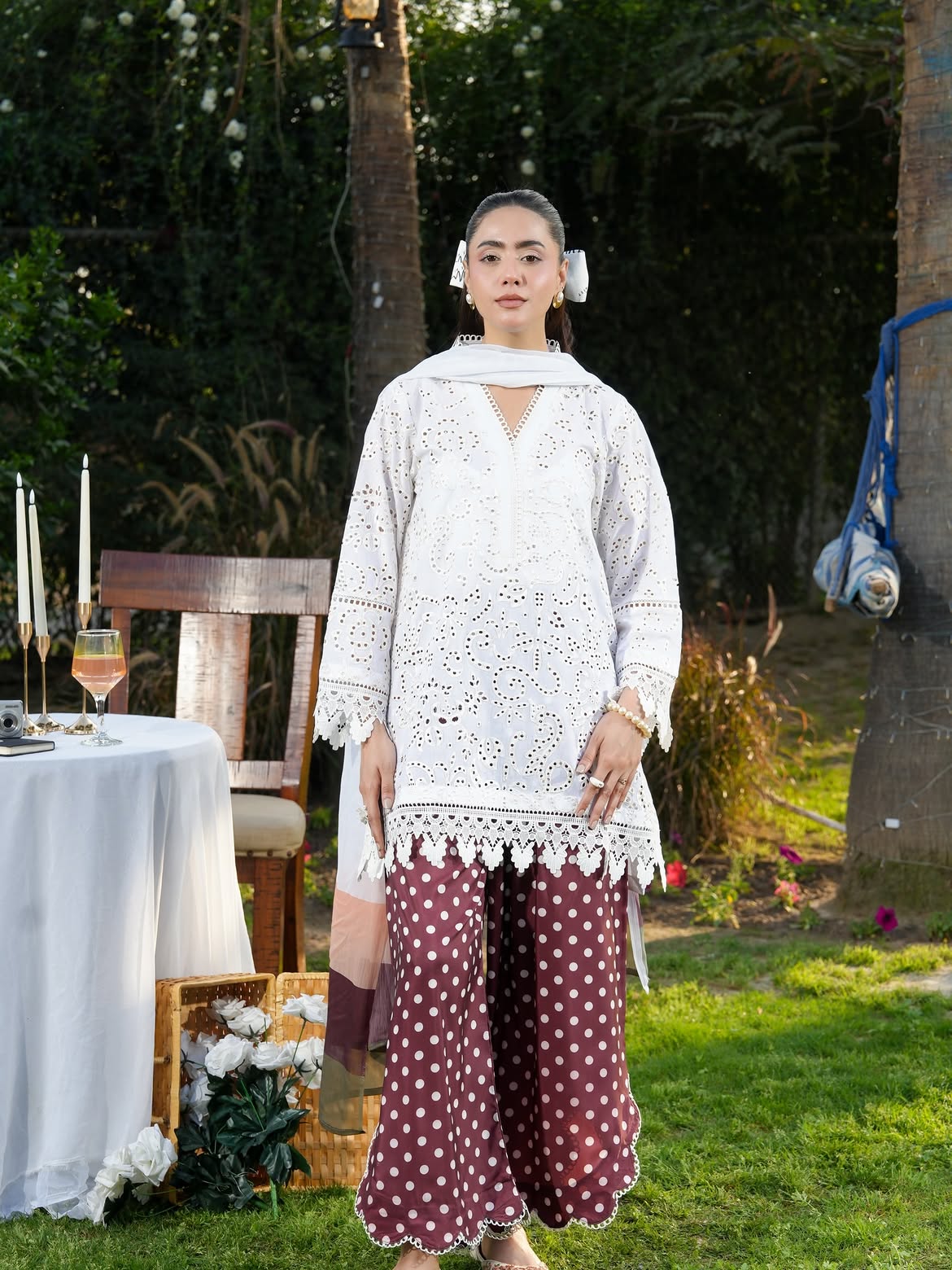 Ghazal White Chikankari-Inspired 3-Piece Suit with Maroon Polka Dot Trouser