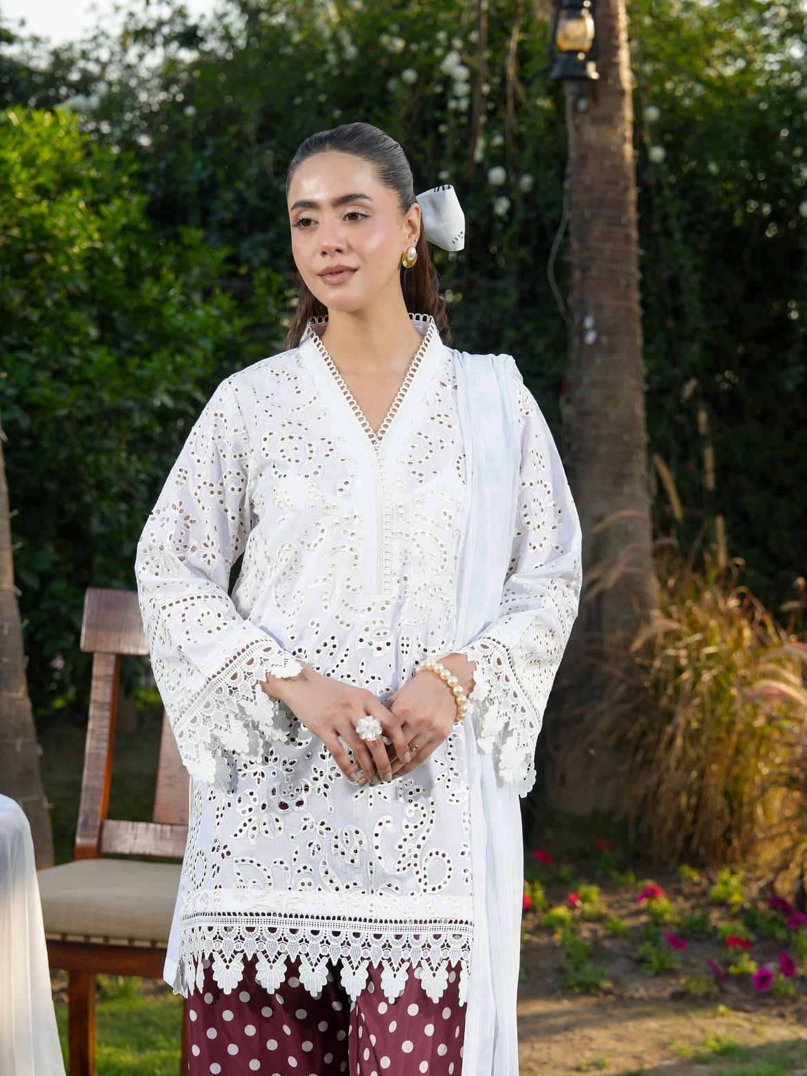 Ghazal White Chikankari-Inspired 3-Piece Suit with Maroon Polka Dot Trouser