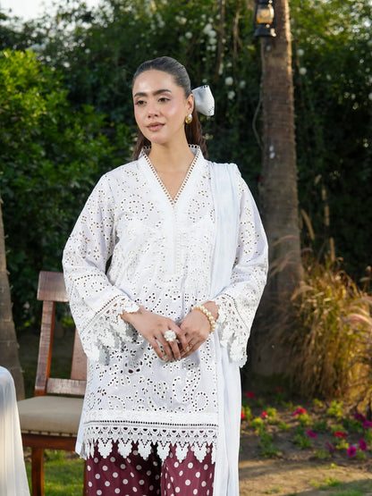 Ghazal White Chikankari-Inspired 3-Piece Suit with Maroon Polka Dot Trouser