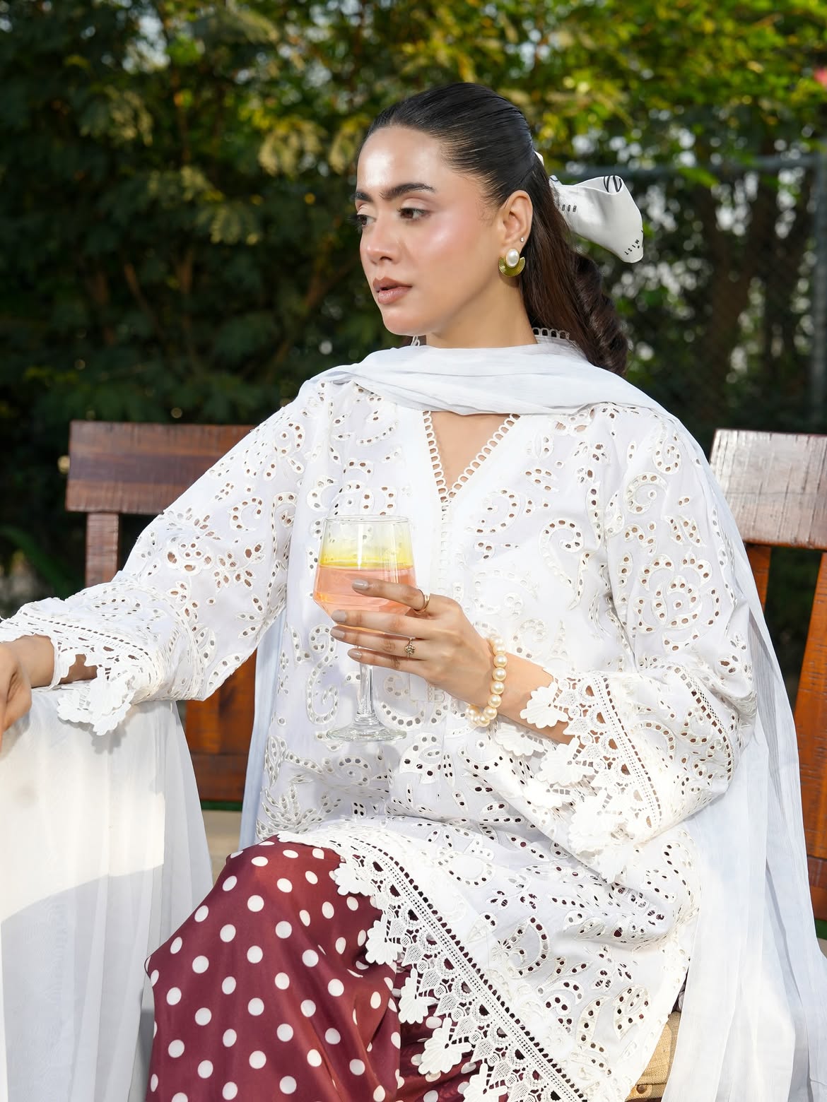 Ghazal White Chikankari-Inspired 3-Piece Suit with Maroon Polka Dot Trouser