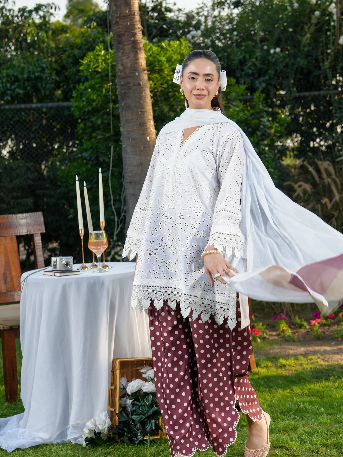 Ghazal White Chikankari-Inspired 3-Piece Suit with Maroon Polka Dot Trouser
