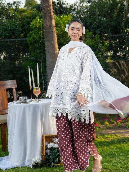 Ghazal White Chikankari-Inspired 3-Piece Suit with Maroon Polka Dot Trouser