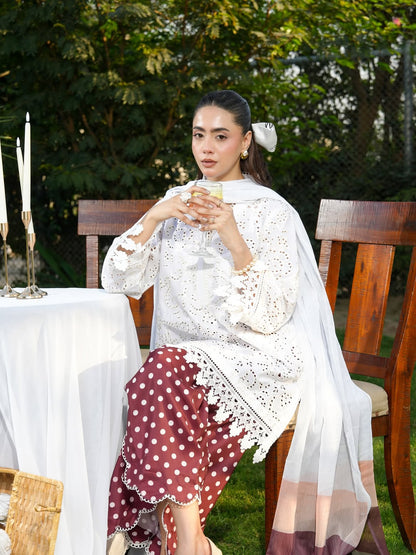 Ghazal White Chikankari-Inspired 3-Piece Suit with Maroon Polka Dot Trouser