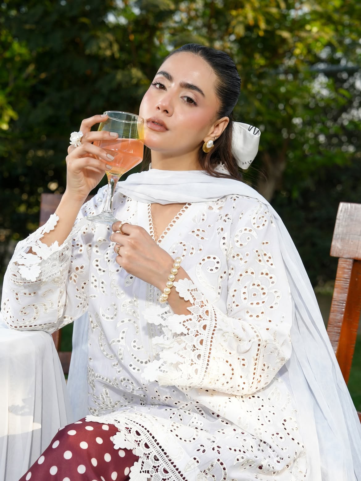 Ghazal White Chikankari-Inspired 3-Piece Suit with Maroon Polka Dot Trouser