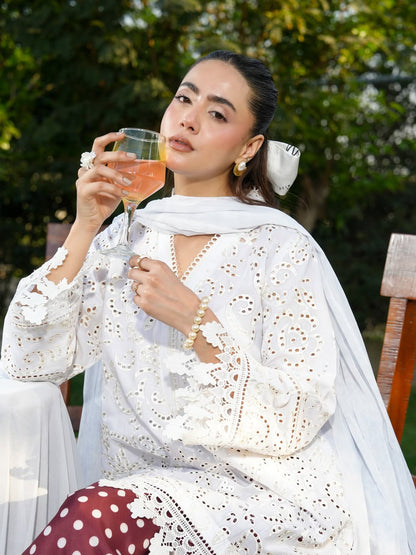 Ghazal White Chikankari-Inspired 3-Piece Suit with Maroon Polka Dot Trouser