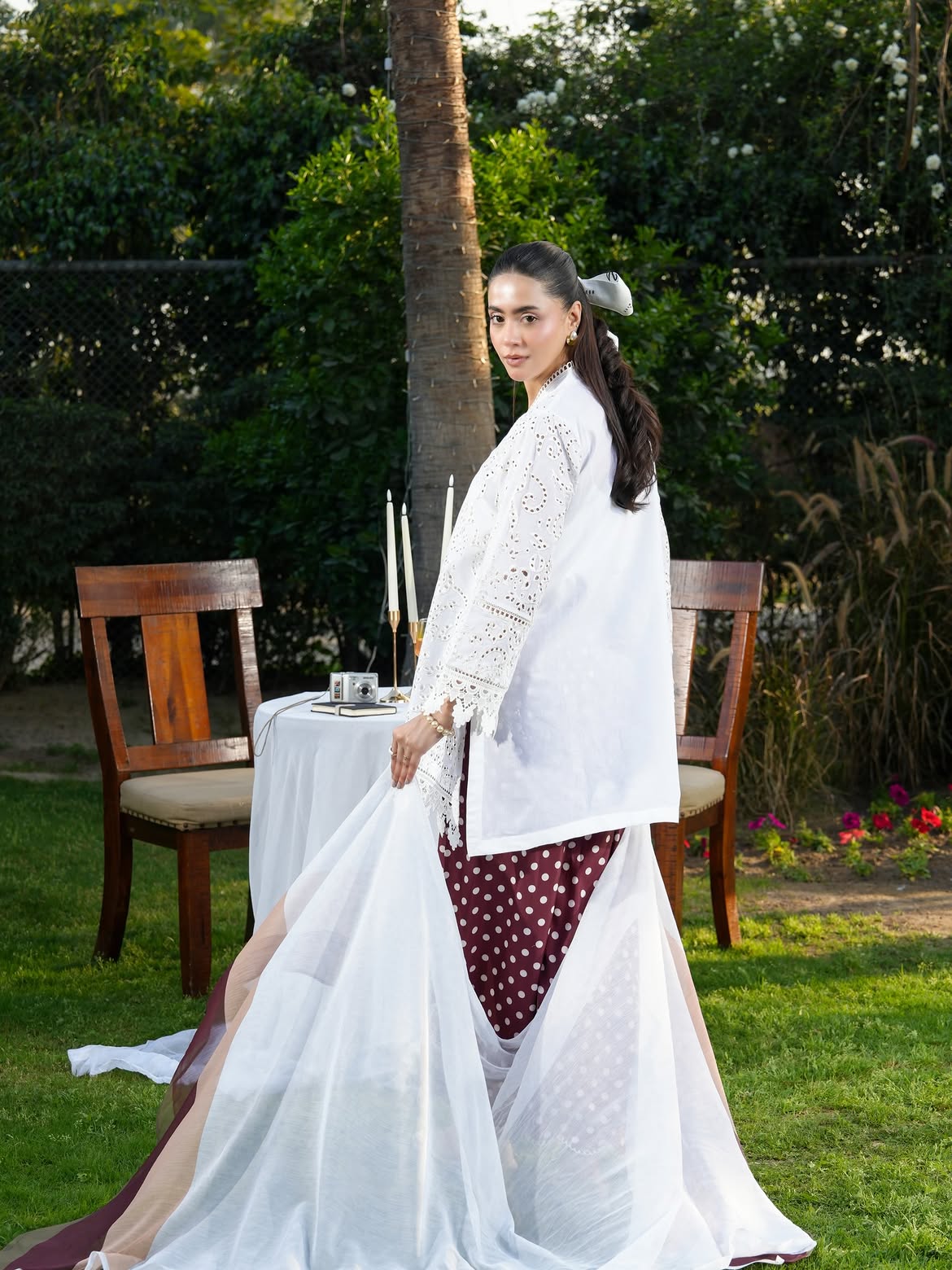 Ghazal White Chikankari-Inspired 3-Piece Suit with Maroon Polka Dot Trouser
