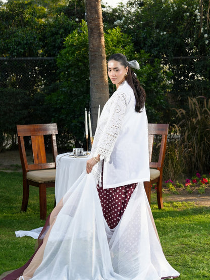 Ghazal White Chikankari-Inspired 3-Piece Suit with Maroon Polka Dot Trouser