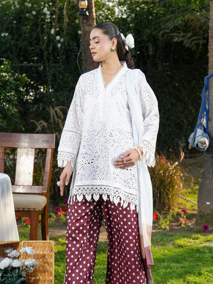 Ghazal White Chikankari-Inspired 3-Piece Suit with Maroon Polka Dot Trouser