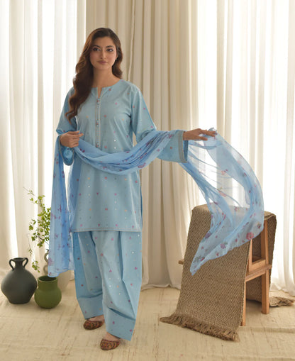 Skyree – Powder Blue Festive Lawn Set with Embroidered Shalwar