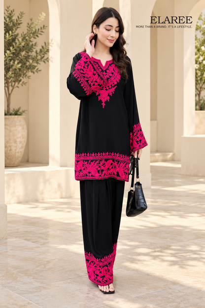 Black 2-Piece Embroidered Suit with Hot Pink Floral Detailing