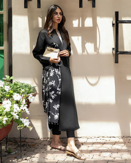 Blackree – Premium Solid Co-Ord Set with Monochrome Printed Dupatta