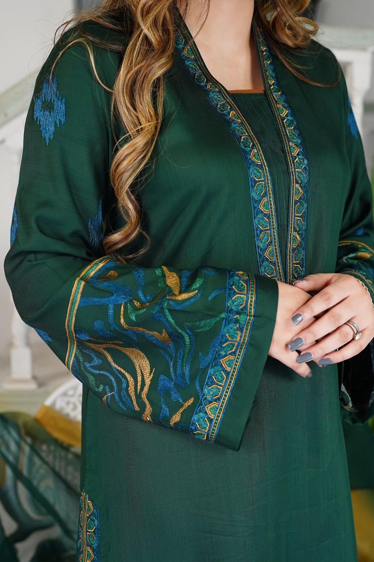 Emerald Green Embroidered 100% cotton 3-Piece Suit