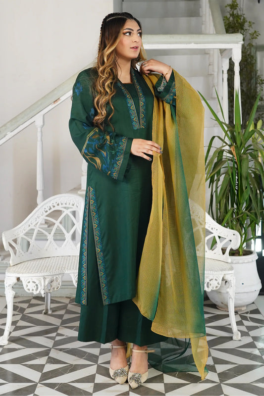 Emerald Green Embroidered 100% cotton 3-Piece Suit