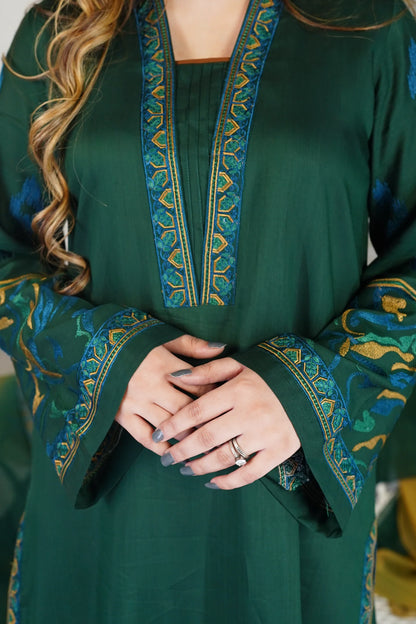 Emerald Green Embroidered 100% cotton 3-Piece Suit