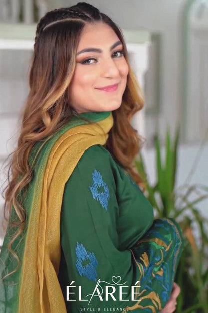 Emerald Green Embroidered 100% cotton 3-Piece Suit