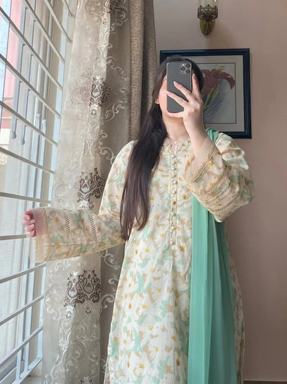Cloude – Pastel Mint & Cream Printed Lawn Set
