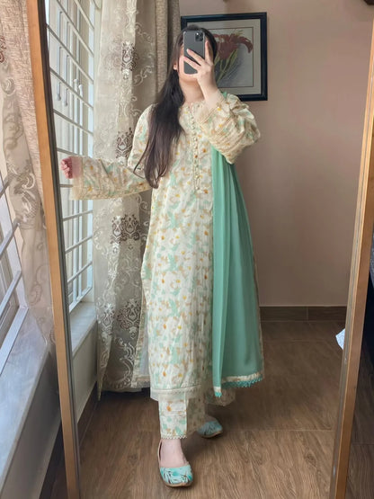 Cloude – Pastel Mint & Cream Printed Lawn Set