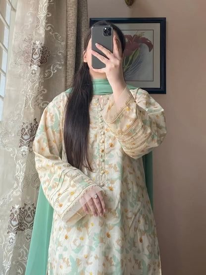 Cloude – Pastel Mint & Cream Printed Lawn Set
