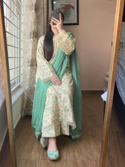 Cloude – Pastel Mint & Cream Printed Lawn Set
