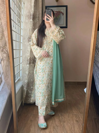 Cloude – Pastel Mint & Cream Printed Lawn Set