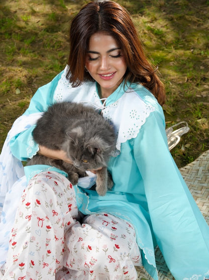 Ghazal Aqua 3-Piece Embroidered Suit with Printed Trouser & Sheer Dupatta
