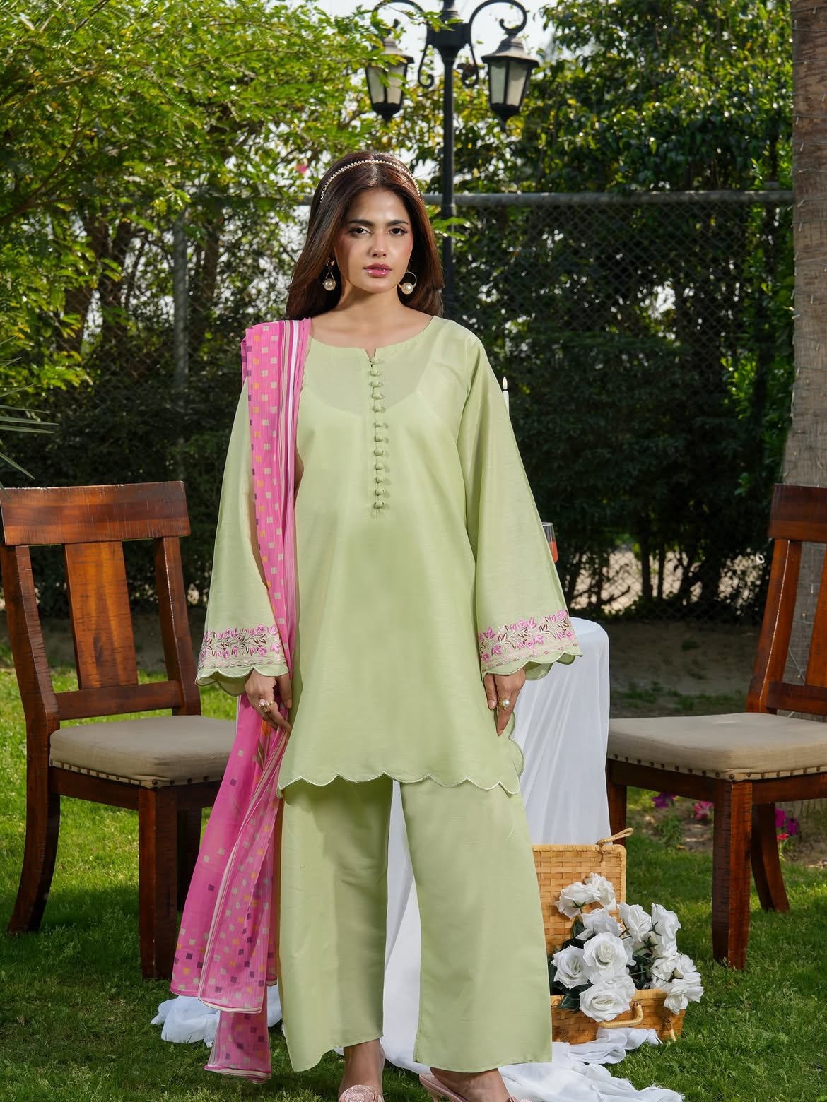 Ghazal Pistachio Green 3-Piece Suit with Embroidered Sleeves & Pink Dupatta