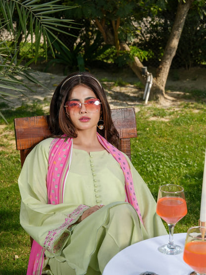 Ghazal Pistachio Green 3-Piece Suit with Embroidered Sleeves & Pink Dupatta