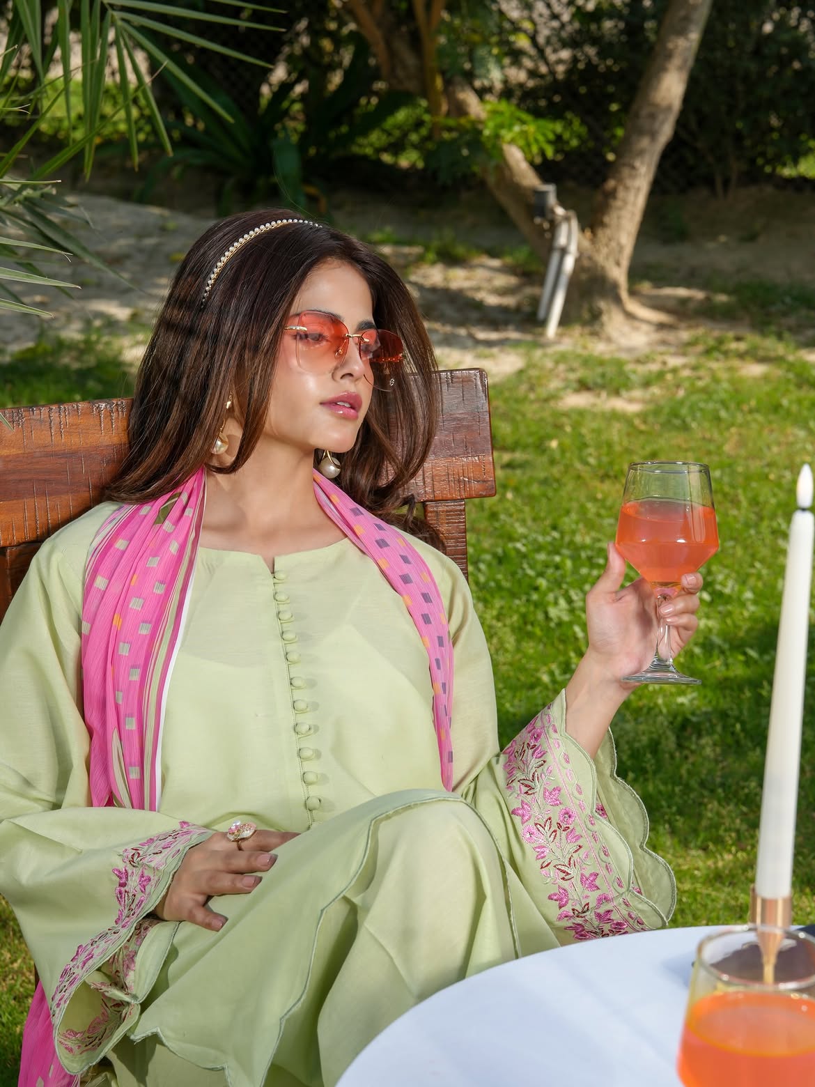 Ghazal Pistachio Green 3-Piece Suit with Embroidered Sleeves & Pink Dupatta