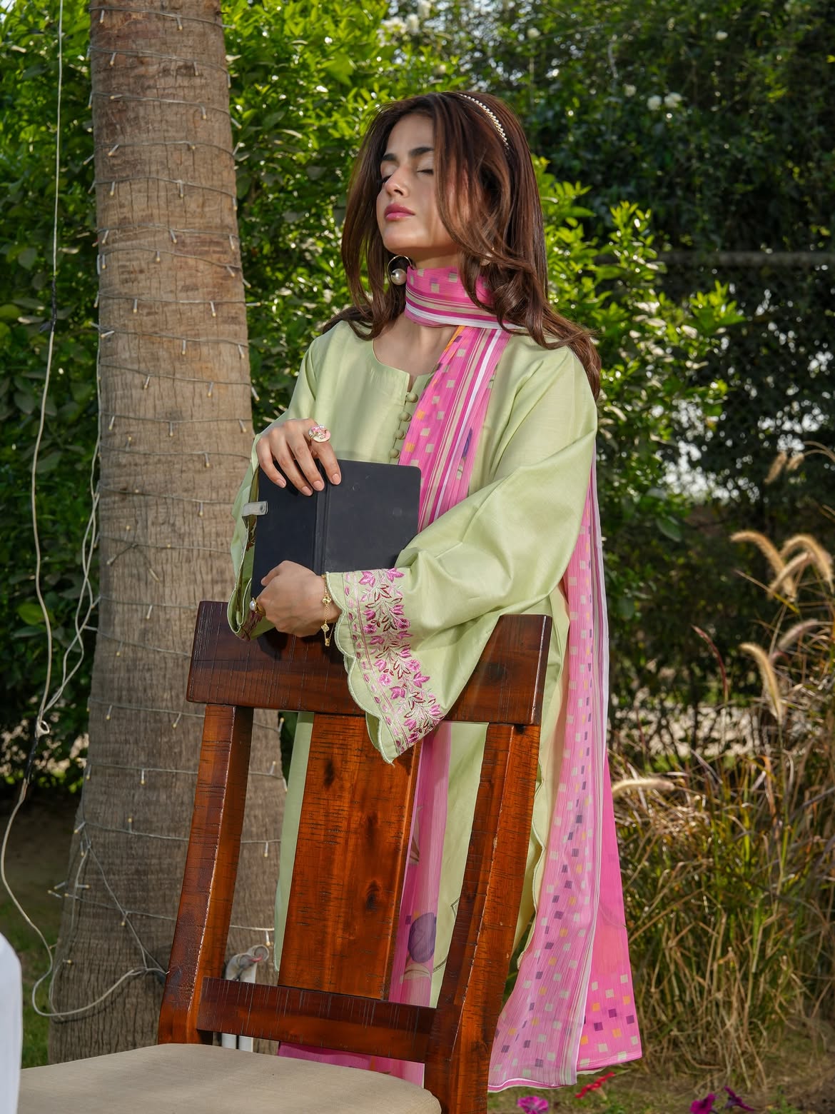 Ghazal Pistachio Green 3-Piece Suit with Embroidered Sleeves & Pink Dupatta