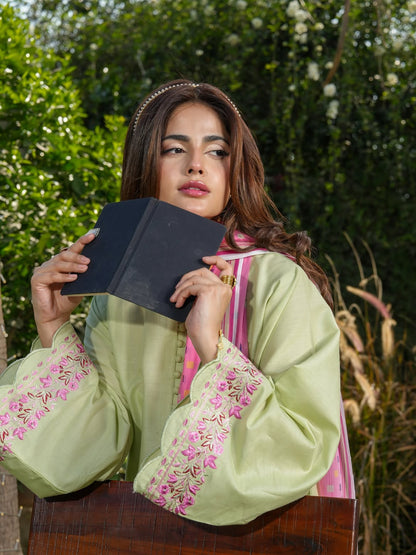 Ghazal Pistachio Green 3-Piece Suit with Embroidered Sleeves & Pink Dupatta
