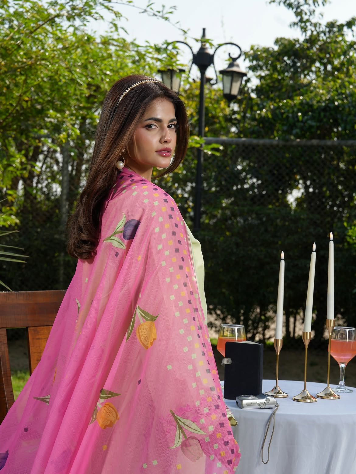 Ghazal Pistachio Green 3-Piece Suit with Embroidered Sleeves & Pink Dupatta