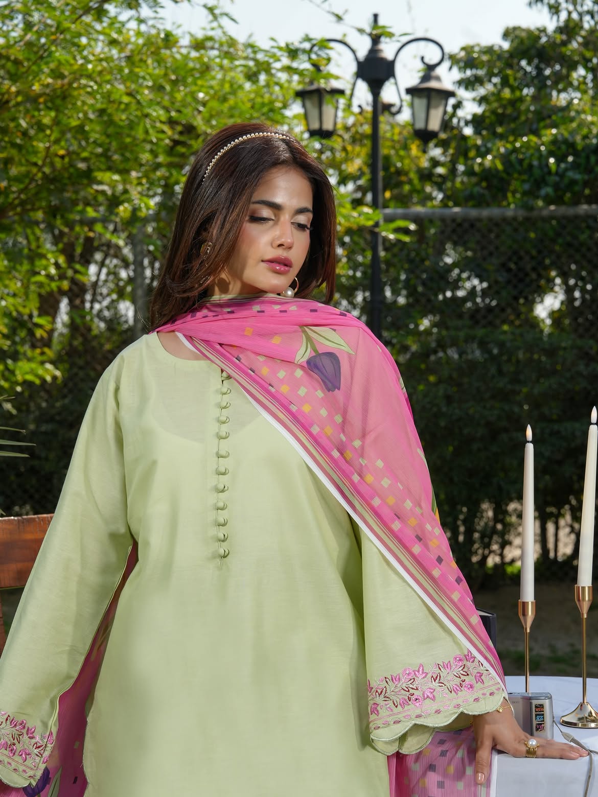Ghazal Pistachio Green 3-Piece Suit with Embroidered Sleeves & Pink Dupatta