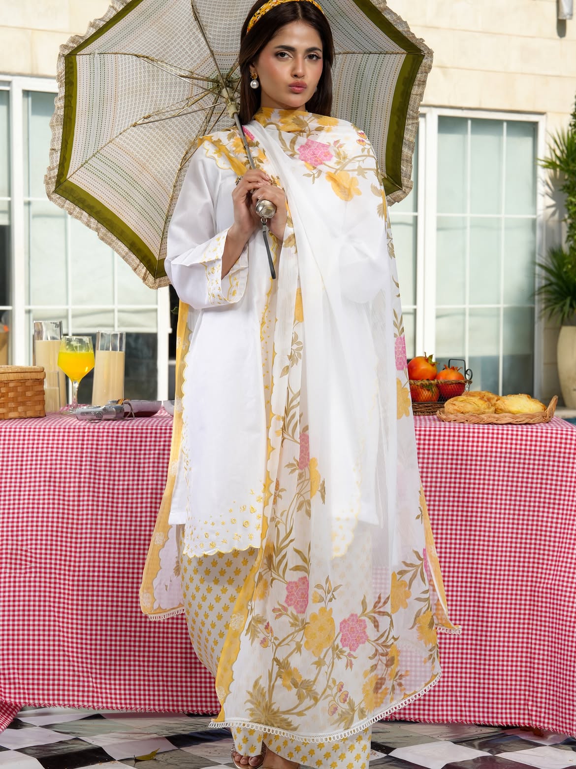 Ghazal White 3-Piece Embroidered Suit with Floral Chiffon Dupatta
