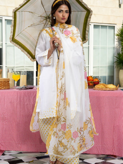 Ghazal White 3-Piece Embroidered Suit with Floral Chiffon Dupatta