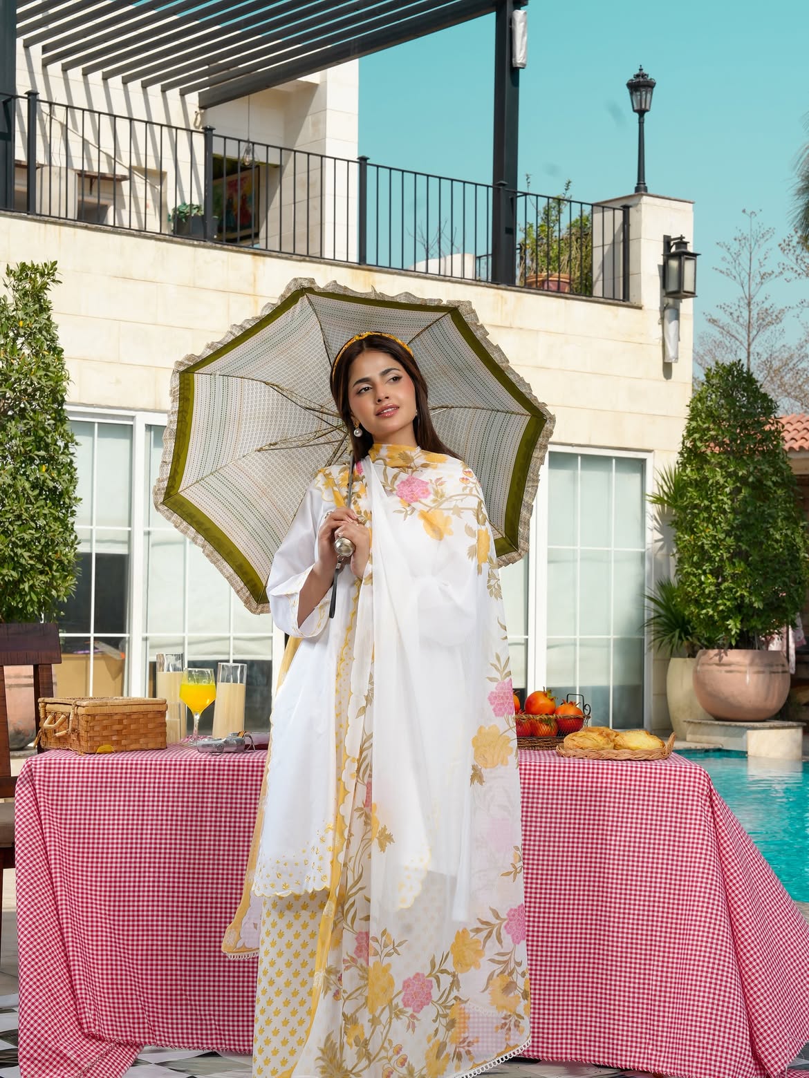 Ghazal White 3-Piece Embroidered Suit with Floral Chiffon Dupatta