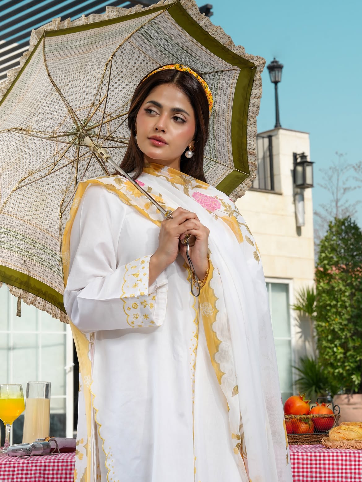 Ghazal White 3-Piece Embroidered Suit with Floral Chiffon Dupatta
