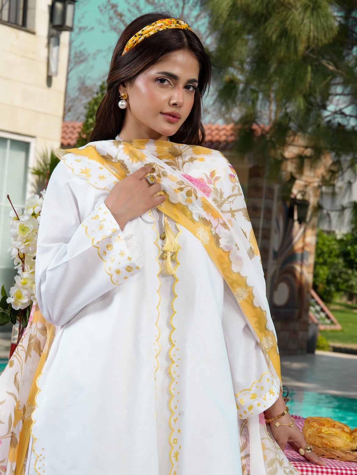 Ghazal White 3-Piece Embroidered Suit with Floral Chiffon Dupatta