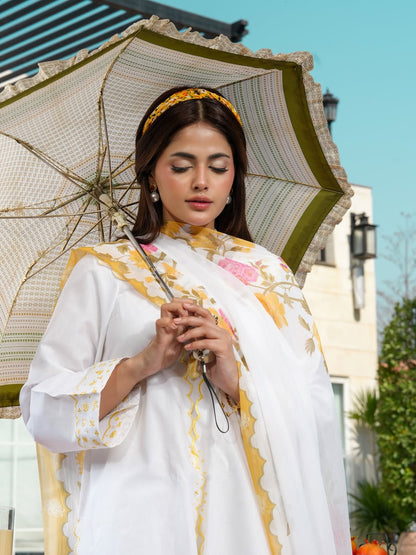 Ghazal White 3-Piece Embroidered Suit with Floral Chiffon Dupatta
